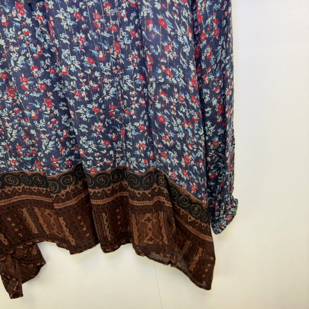 Free‎ People Dream Lovers Tunic Navy Brown Floral metallic Medium Boho Festival